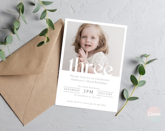 3rd Birthday Invitation Girl, 3rd Birthday Invitation Template, Editable Third Birthday Photo Invitation Template, Girl Birthday Party