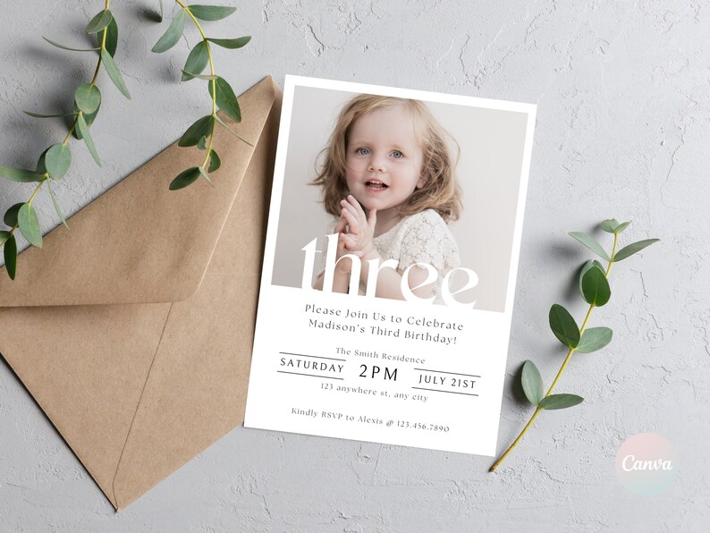 Op de afbeelding: Een witte uitnodigingskaart met een foto van een jong meisje. De kaart zegt "three" in grote witte letters en bevat de tekst "Please Join Us to Celebrate Madison's Third Birthday!" De kaart bevat ook de datum en tijd van het evenement: "Saturday, 2 PM, July 21st".