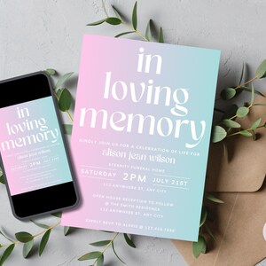 Celebration of Life Invitations, Funeral Announcement, In Loving Memory, Funeral Template Digital, Colorful Memorial Service Template