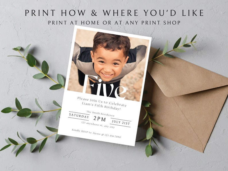 5th Birthday Invitation Boy, 5th Birthday Invitation Template, Fifth Birthday Photo Invite, Boy Birthday Party, 5th Birthday Invite Boy image 3