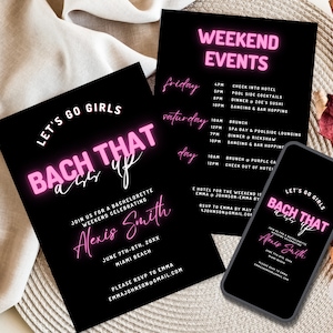 Bachelorette Party Invites, Bach That Ass Up Invitation Template, Digital Bachelorette Party Template, Neon Bachelorette Weekend Itinerary