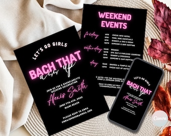 Bachelorette Party Invites, Bach That Ass Up Invitation Template, Digital Bachelorette Party Template, Neon Bachelorette Weekend Itinerary