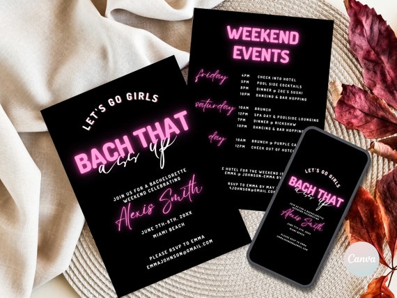 Bachelorette Party Invites, Bach That Ass Up Invitation Template, Digital Bachelorette Party Template, Neon Bachelorette Weekend Itinerary