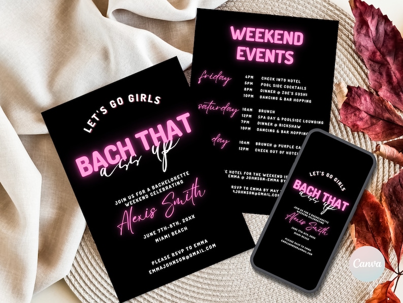 Bachelorette Party Invites, Bach That Ass Up Invitation Template, Digital Bachelorette Party Template, Neon Bachelorette Weekend Itinerary image 1