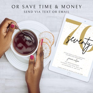 May include: A digital invitation for a 70th birthday party with gold glitter and the number 70 in gold with the text "seventy" in black. The invitation includes the name "Jeanne Wilson", the date and time of the party, and the address. The text "Kindly RSVP to Alexis (223.456.7890" is at the bottom of the invitation.