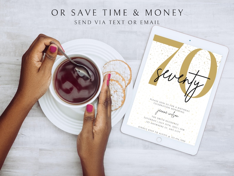 May include: A digital invitation for a 70th birthday party with gold glitter and the number 70 in gold with the text "seventy" in black. The invitation includes the name "Jeanne Wilson", the date and time of the party, and the address. The text "Kindly RSVP to Alexis (223.456.7890" is at the bottom of the invitation.