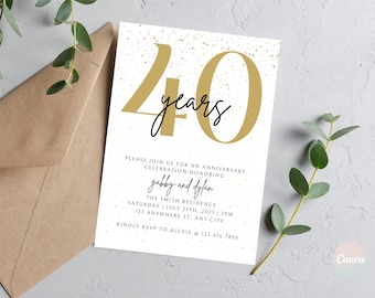 May include: A white invitation card with gold glitter confetti and the text "40 years" in gold lettering. The invitation is for an anniversary celebration honoring Gabby and Dylan. The event will be held at The Smith Residence on Saturday, July 25th, 2023 at 2 PM. The address is 123 Anywhere St., Any City. RSVP to Alexis at 123.456.7890.