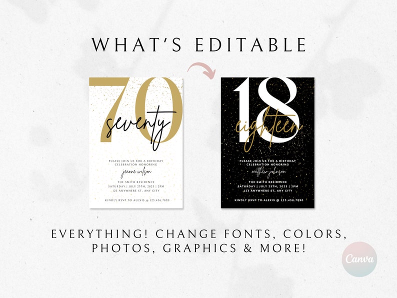 May include: Two editable birthday party invitation templates. The first template features a gold number 70 with the word "seventy" written in black script. The second template features a white number 18 with the word "eighteen" written in black script. Both templates have a black and white speckled background.
