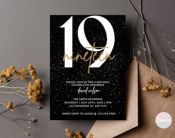 19th Birthday Invitations, 19th Birthday Party Invite, 19th Invite Template, 19th Birthday Party, Nineteen Birthday Invitation Template