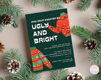 Puede incluir: Una tarjeta de invitación verde con texto blanco que dice "May your sweater be ugly and bright." La tarjeta presenta un suéter navideño rojo y verde con luces blancas y un suéter navideño verde y rojo con luces blancas. El texto también incluye detalles para una fiesta de suéteres feos de Navidad, incluyendo la fecha, la hora y la ubicación.