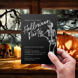 Invito per festa di Halloween, invito di Halloween, festa in costume di Halloween, idee per feste di Halloween, modello di invito scheletro di Halloween