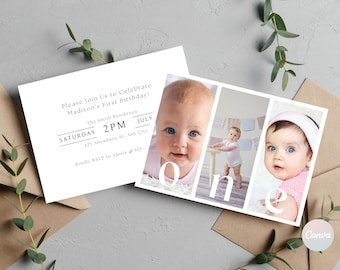 1st Birthday Invitation Girl, Minimal 1st Birthday Invitation Template, Editable First Birthday Photo Invitation, Girl Birthday Party