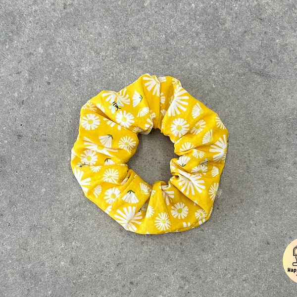 Handmade Hair Scrunchie - Floral Pattern with bees Hair Scrunchie - Cute Hair Scrunchie - Summer Hair Scrunchies - Summer Hair Accessories