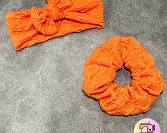 Mommy and Me Orange Bow Stretch Headband Scrunchie Set -  Spring Baby Headband and Scrunchie Set - Newborn Take Home Outfit - New Mom Gift
