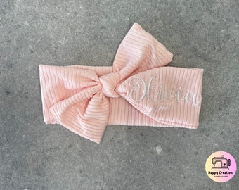 Baby Girls Stretch Headband with Name -  Wide Baby Headwrap Personalized -  Embroidered Baby Headband - Newborn Bow - Baby Take Home Outfit