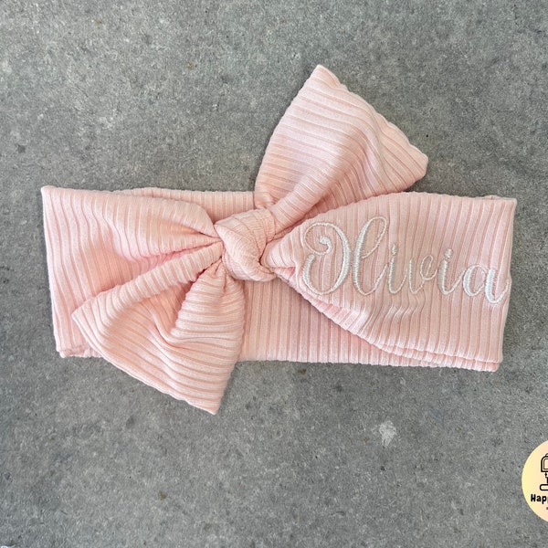 Baby Girls Stretch Headband with Name -  Wide Baby Headwrap Personalized -  Embroidered Baby Headband - Newborn Bow - Baby Take Home Outfit