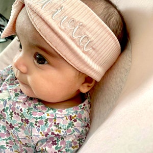 Baby Girls Stretch Headband with Name Wide Baby Headwrap Personalized Embroidered Baby Headband Newborn Bow Baby Take Home Outfit image 2