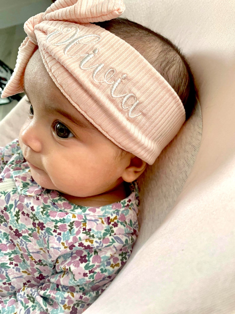 Baby Girls Stretch Headband with Name Wide Baby Headwrap Personalized Embroidered Baby Headband Newborn Bow Baby Take Home Outfit image 2