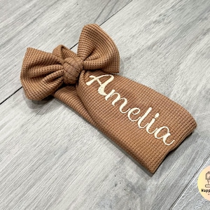 Baby Girls Headband with Name - Waffle Knit -  Baby Headwrap Personalized -  Embroidered Baby Headband - Newborn Bow - Baby Take Home Outfit