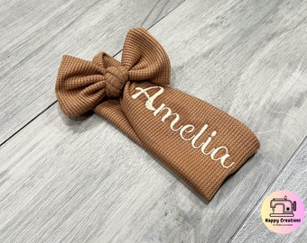 Baby Girls Headband with Name - Waffle Knit -  Baby Headwrap Personalized -  Embroidered Baby Headband - Newborn Bow - Baby Take Home Outfit