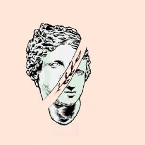 May include: A black and white line drawing of a bust of a person with a leafy branch drawn over the face. The background is a light pink color.