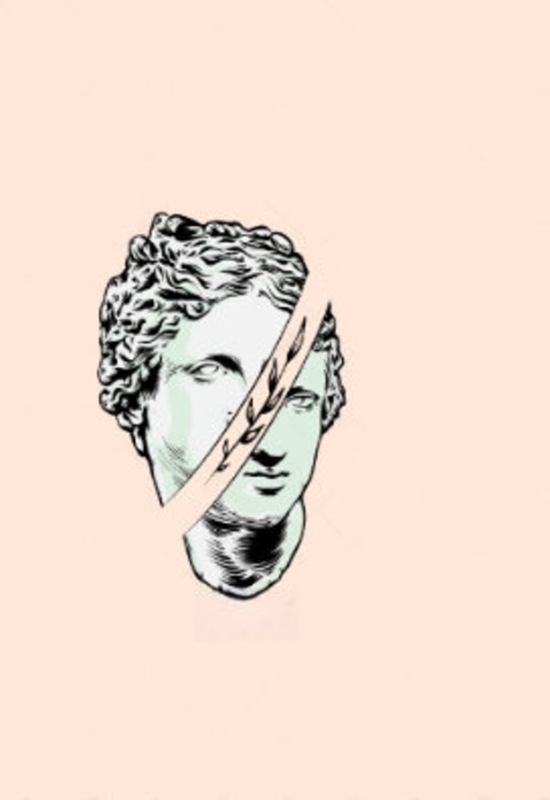 May include: A black and white line drawing of a bust of a person with a leafy branch drawn over the face. The background is a light pink color.