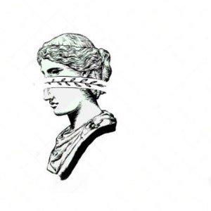May include: A black and white line drawing of a woman's bust with a laurel wreath covering her eyes.