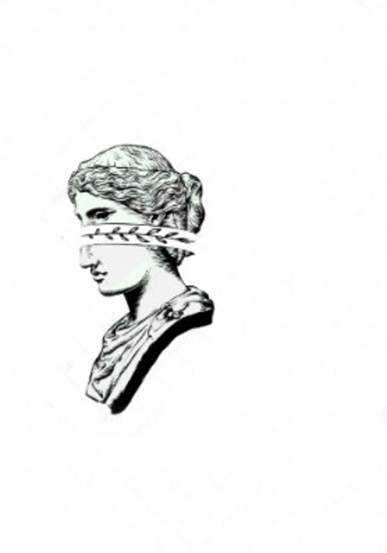 May include: A black and white line drawing of a woman's bust with a laurel wreath covering her eyes.