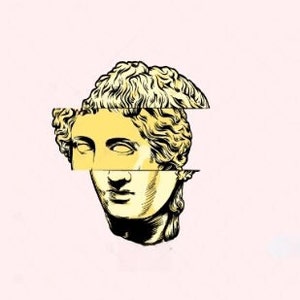 May include: A black and white illustration of a woman's face with a yellow overlay. The woman's face is depicted in a classical style, with a sculpted nose and chin. The image is a digital collage with a glitch effect.