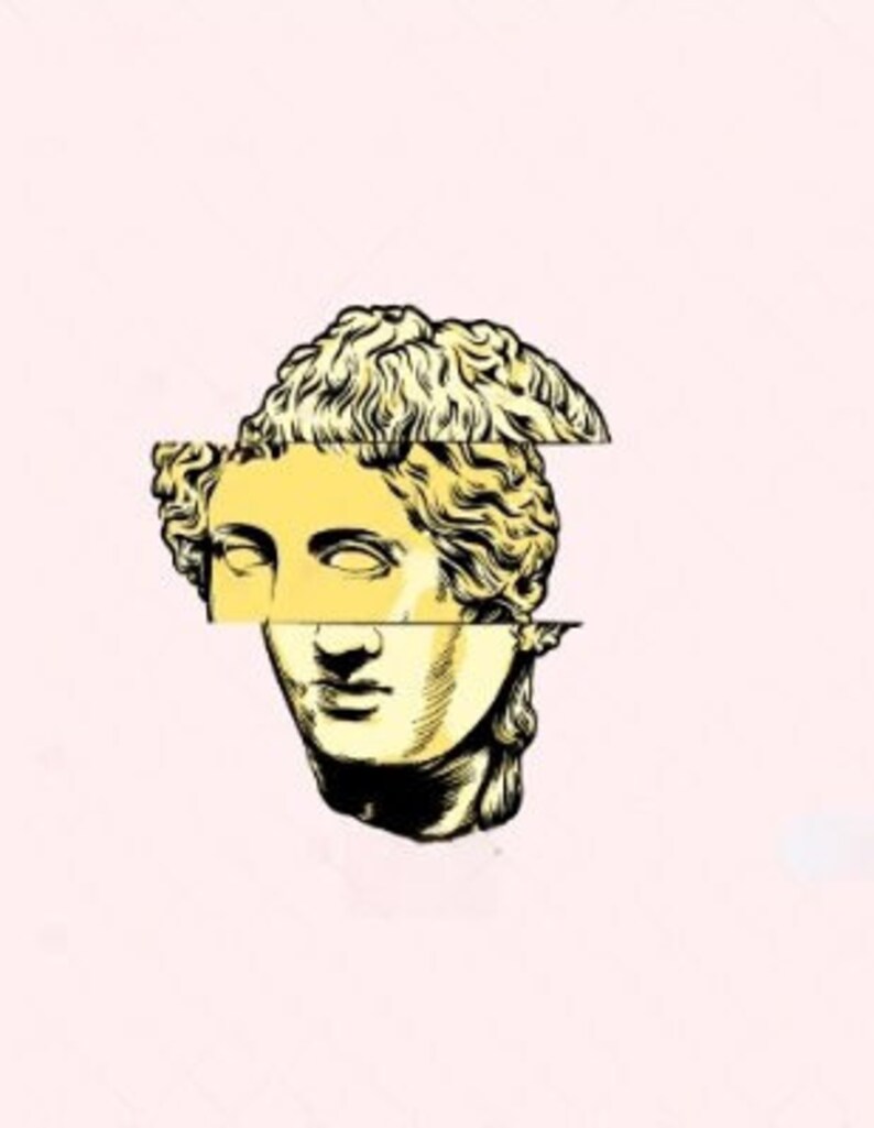 May include: A black and white illustration of a woman's face with a yellow overlay. The woman's face is depicted in a classical style, with a sculpted nose and chin. The image is a digital collage with a glitch effect.