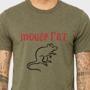 May include: A green t-shirt with the text "mouse rat" in red lettering and a black silhouette of a rat.