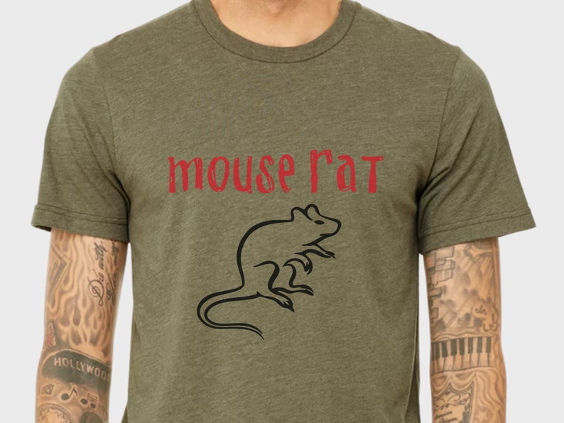 May include: A green t-shirt with the text "mouse rat" in red lettering and a black silhouette of a rat.
