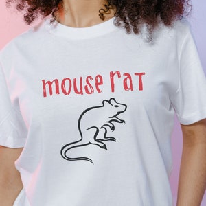 May include: White t-shirt with the text "mouse rat" in red lettering and a black silhouette of a mouse.