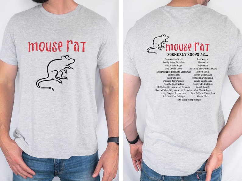 May include: A gray t-shirt with a black mouse rat illustration on the front and a list of names for the mouse rat on the back. The text on the back reads "mouse rat formerly known as..." followed by a list of names.
