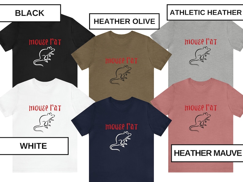 May include: Six t-shirts in different colors with a black and white illustration of a rat and the text "mouse rat" in red.