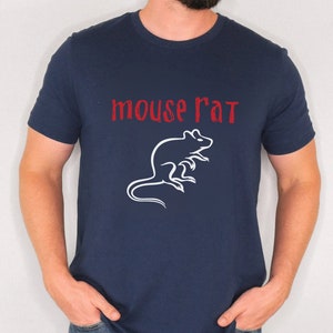 May include: A navy blue t-shirt with a white silhouette of a rat and the text "mouse rat" in red.