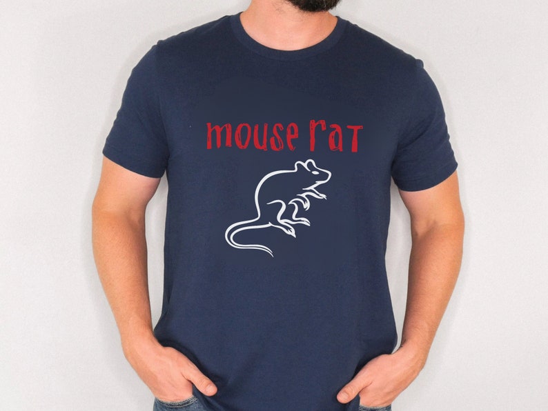 May include: A navy blue t-shirt with a white silhouette of a rat and the text "mouse rat" in red.