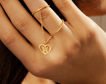 Dainty Diamond-Cut Stacking Rings With Chain and Tryzub in Heart Charm