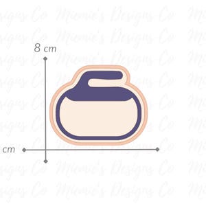 May include: A light pink and purple curling stone cookie cutter, measuring 9.5 cm wide and 8 cm tall.