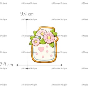 Pode incluir: Ilustração de desenho animado de um frasco cheio de flores rosa e brancas e folhas verdes. O frasco tem um coração e bolinhas. O frasco tem 9,4 cm de altura e 7,4 cm de largura.