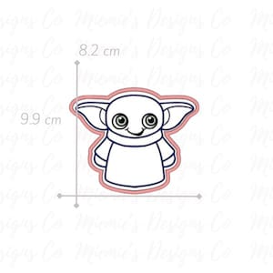 May include: A cookie cutter in the shape of a cartoon character with large ears and big eyes. The cutter is outlined in pink and measures 3.2 inches wide and 3.9 inches tall.