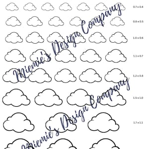 May include: A sheet of cloud-shaped royal icing transfers from Miemie's Designs Co. The black and white designs vary in size, ranging from 0.6 x 0.4 inches to 2.0 x 1.3 inches. The word "Cloud" is at the bottom.