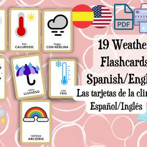 Flashcards de clima em espanhol, 19 flashcards Montessori bilíngues, Flashcards em espanhol, Flashcards de vocabulário em espanhol, Cartões Montessori em 3 partes!