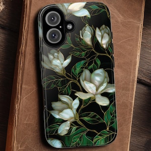 Enchanted Magnolia Tough Phone Case, Floral Stained Glass PRINTED Design, Dark Botanical Art, Protective Covers for iPhone, Galaxy, Pixel