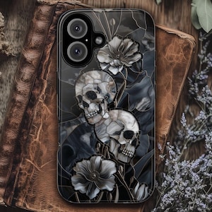 Skulls and Wildflowers Tough Phone Case, Gothic Mosaic PRINTED Protective Cover, Grunge Alternative iPhone 18 17 Galaxy S26 S25 Pixel 11 10