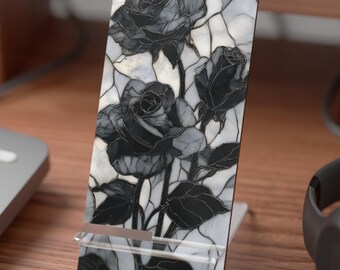 Gothic Black Roses Phone Stand, Stained Glass PRINTED Phone Holder, Smartphone Dock, Tech Gift, Phone Mount Stand, Cellphone Stand