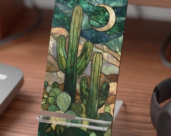 Cacti Phone Stand, Cactus Stained Glass PRINTED Design, Desert Phone Holder, Crescent Moon Smartphone Dock, Phone Mount Stand