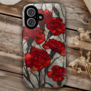 Scarlet Carnations Tough Phone Case, Rustic Floral PRINTED Stained Glass Design, Protective Covers for iPhone , Galaxy & Pixel