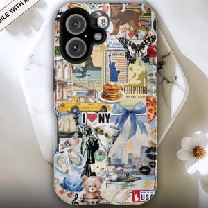 New York City Collage MagSafe Tough Phone Case, iPhone 17 16 15 14 13 12 Pro Max Plus | NYC doodle Scrapbook | Vintage Aesthetic