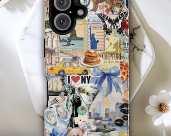 New York City Collage MagSafe Tough Phone Case, iPhone 17 16 15 14 13 12 Pro Max Plus | NYC doodle Scrapbook | Vintage Aesthetic